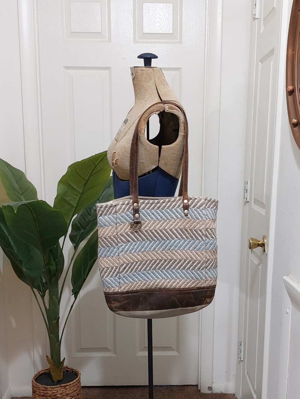 Myra Bag Chevron Woven Tote in Blue and Brown